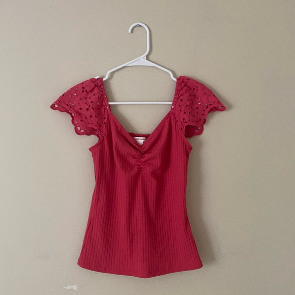 Joe Fresh Pink V Neck Summer Embroidered Short Sleeve Ribbed Shirt - Picture 1 of 9